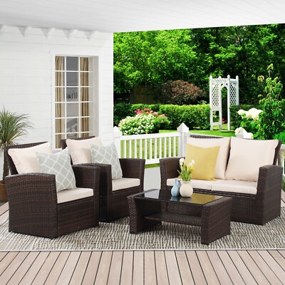 Patio Conversation Set Woven Resin Texture 4 Piece Neutral Seating