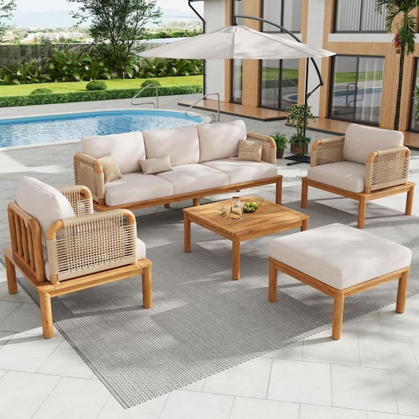 Patio Conversation Set, Woven Rope Outdoor Furniture Layout, Beige Cushions