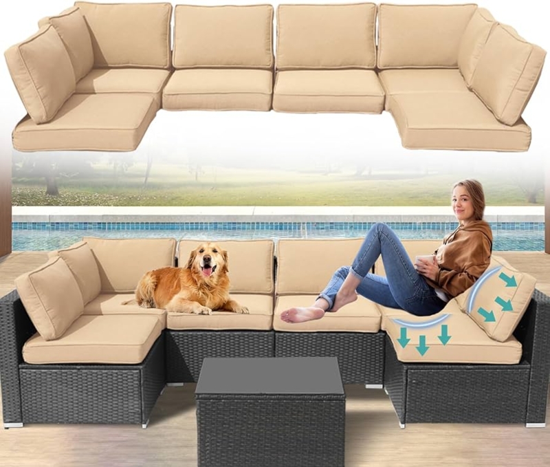 Patio Cushion Set Beige Replacement Tailored Edges, L-Shaped Outdoor Sofa