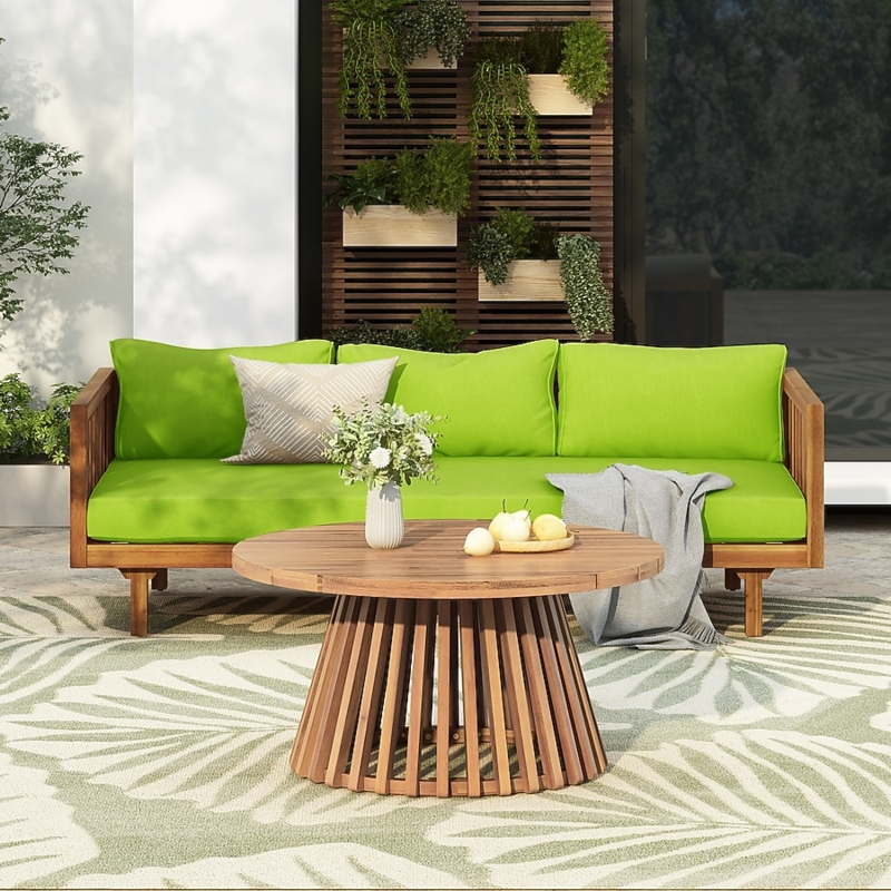Patio Daybed Set Slatted Acacia Frame Silhouette Natural Wood Modern Style