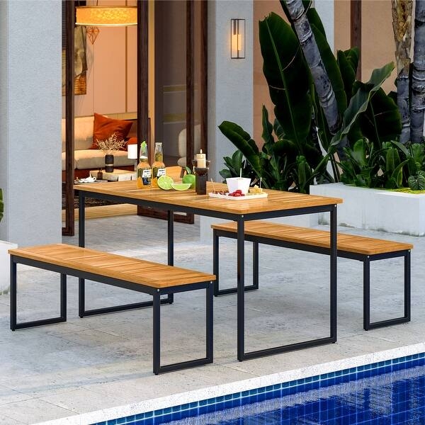 Patio Dining Bench Slatted Seat Black Metal Legs Modern Slatted Patio Dining Bench