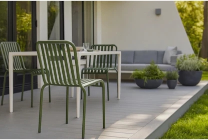 Patio Dining Chair Forest Green Finish Slat Back Curved Metal Armrests