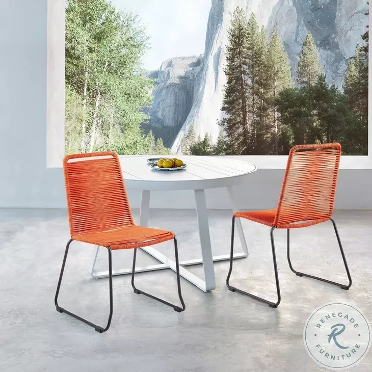 Patio Dining Chair, Orange Rope Weave, Black Metal Frame, Stackable