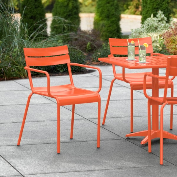 Patio Dining Chair, Vibrant Orange Slatted Metal, Powder Coated Finish
