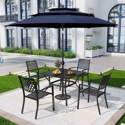 Patio Dining Set 5-Piece Black Metal with Square Gridded Table