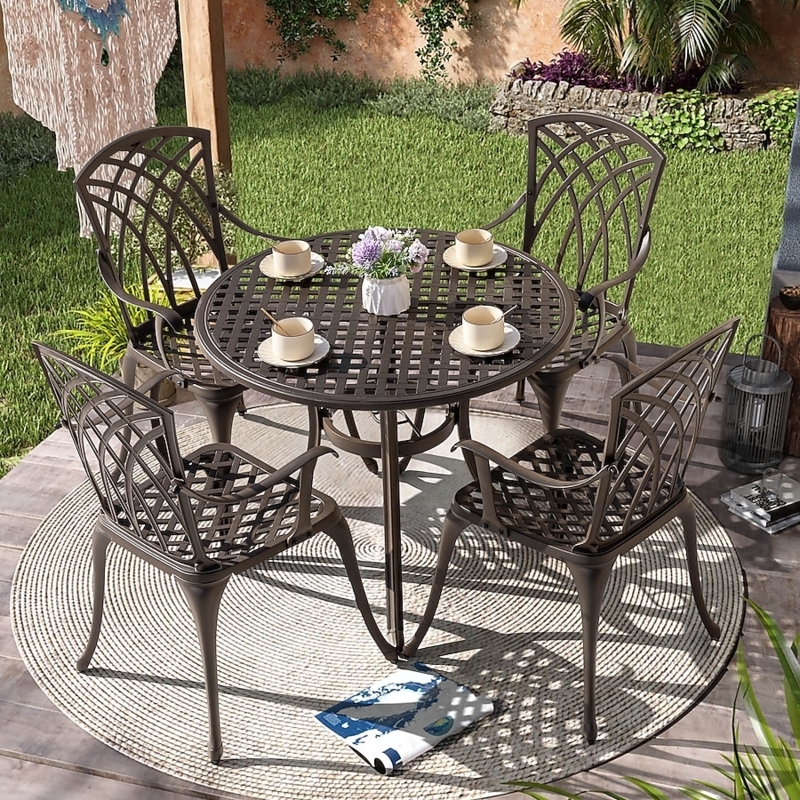 Patio Dining Set, 5-Piece Bronze with Lattice Top & Scroll Backs.