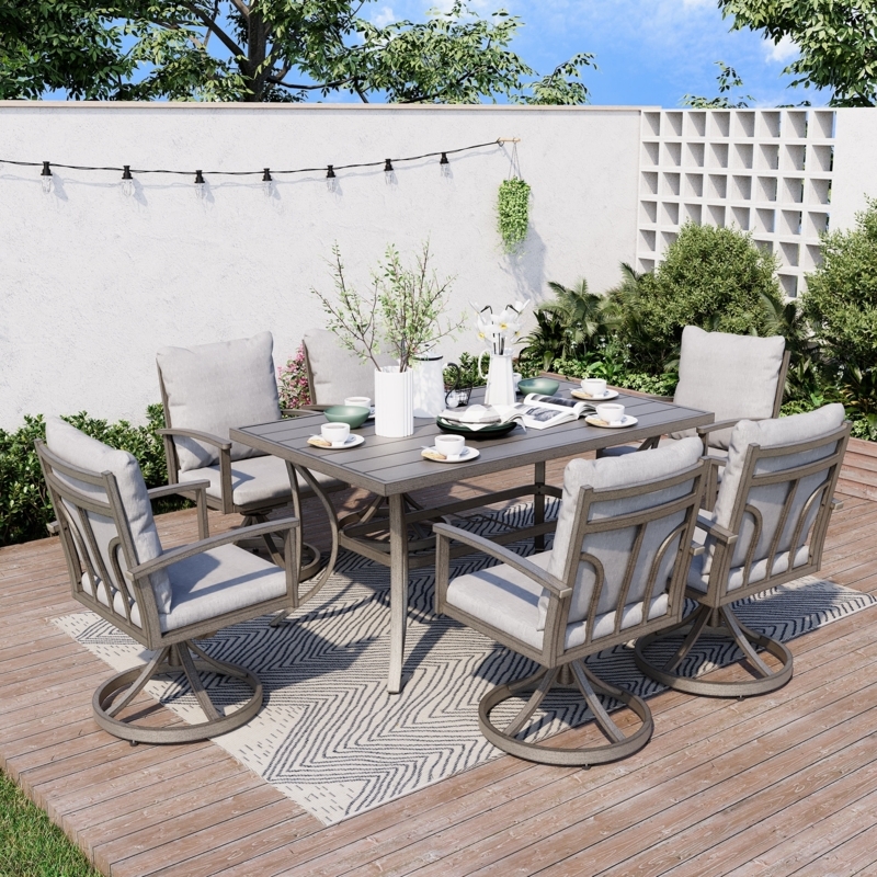 Patio Dining Set, 6 Seater Swivel Dining Set, Aluminum, Grey Cushions
