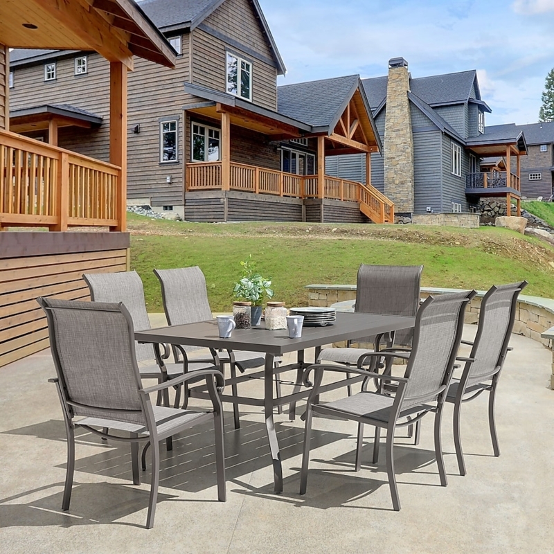 Patio Dining Set: 7-Piece Charcoal Metal with Wood Look Top and Mesh