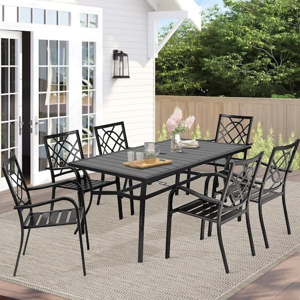 Patio Dining Set 7-Piece Metal Slatted Top Charcoal Black Umbrella Hole