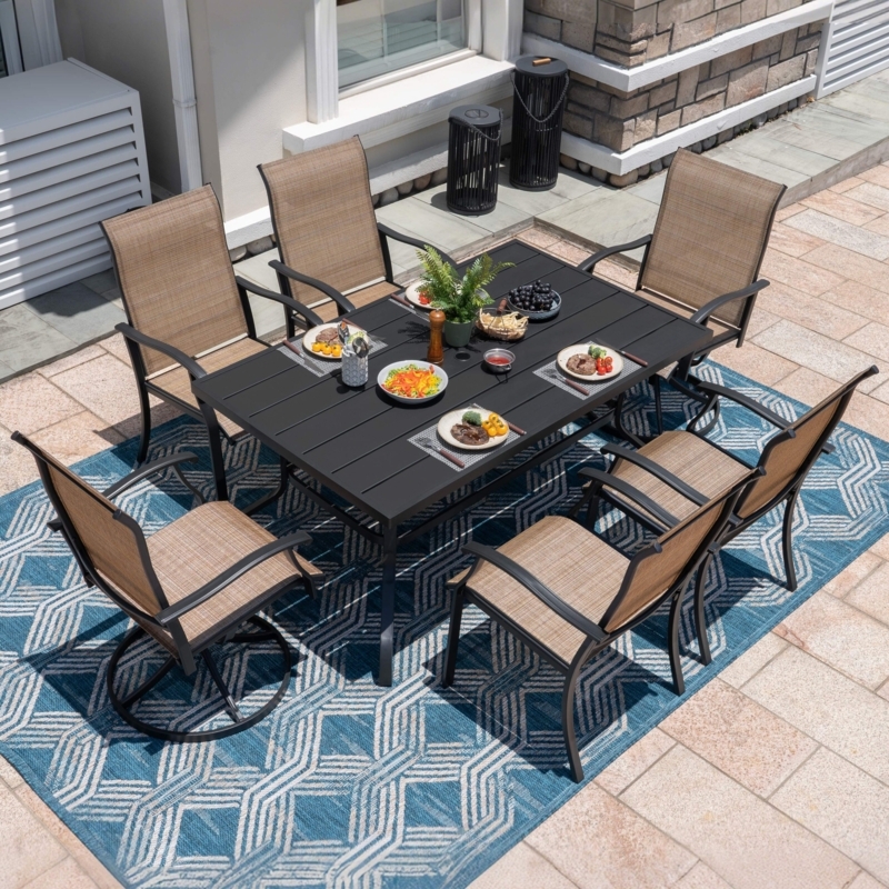 Patio Dining Set 7 Piece Swivel Motion Chairs Black Metal Sling Fabric