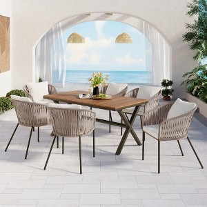 Patio Dining Set 7 Piece Wood Toned Top & Black Metal Frame