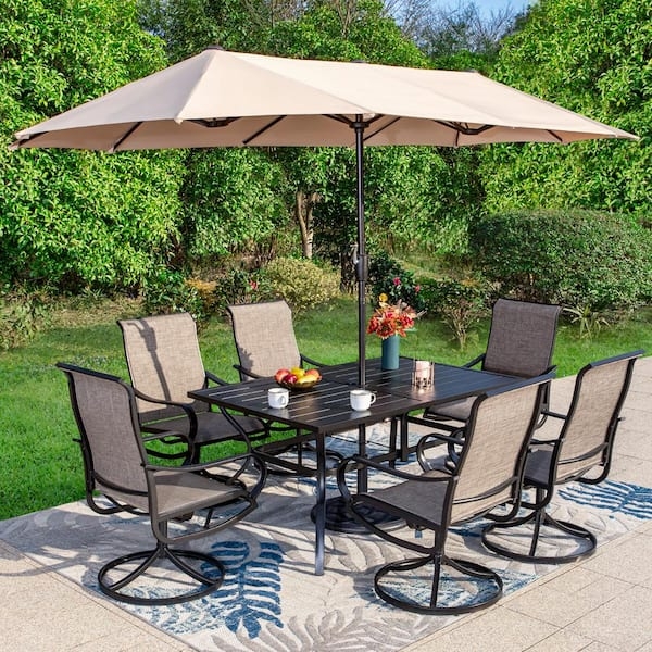 Patio Dining Set 8-Piece Black Metal with Integrated Umbrella