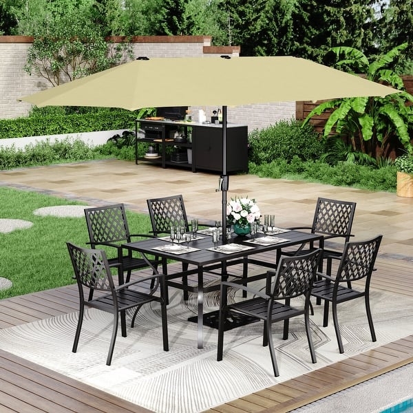 Patio Dining Set, 8-Piece with Large Double-Sided Orange Umbrella.