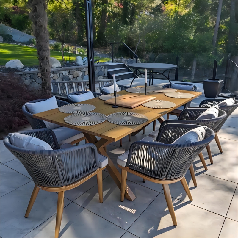 Patio Dining Set 9-Piece All-Weather Wicker with Glass Top Table