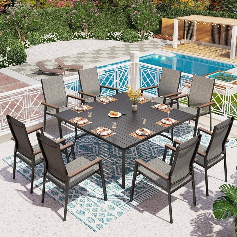 Patio Dining Set 9-Piece Square Metal Table Mesh Outdoor Dining For Eight