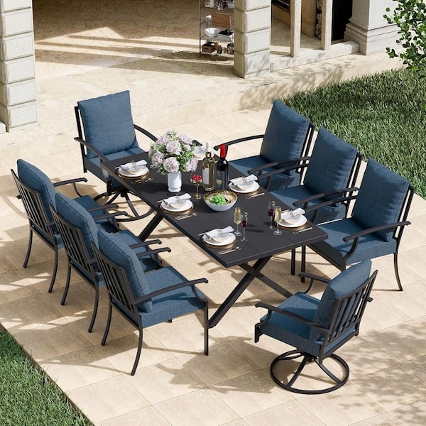 Patio Dining Set 9-Piece with Black Metal Frame and Navy Cushions