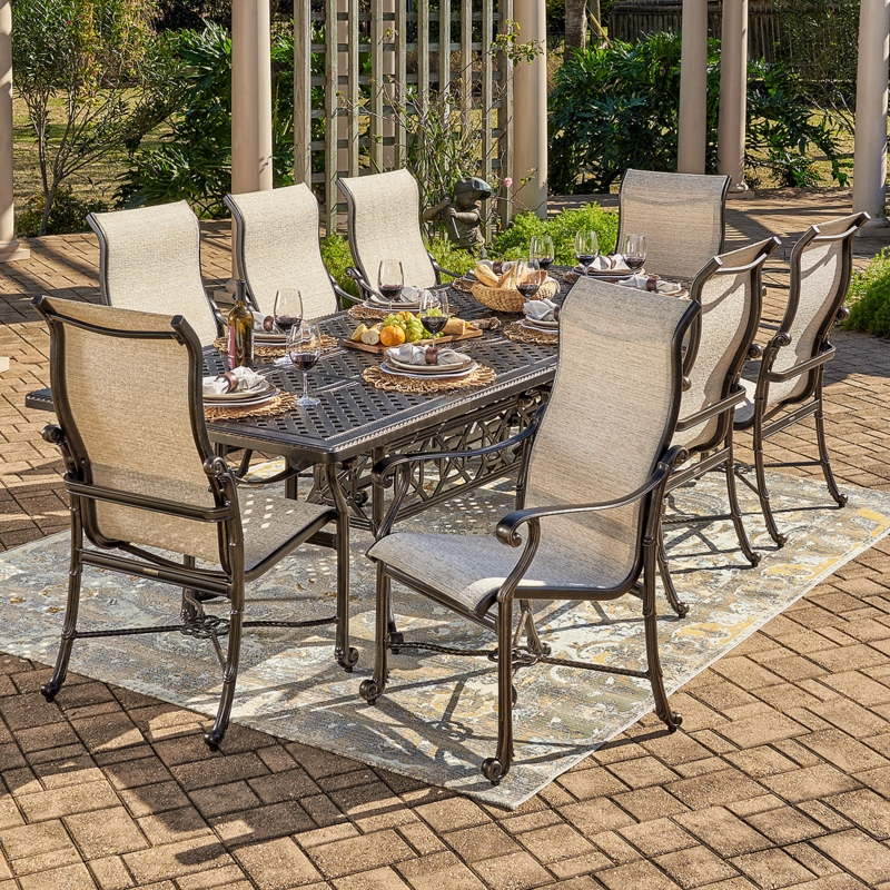 Patio Dining Set Aluminum Double Extension Table Tweed Sling Chairs