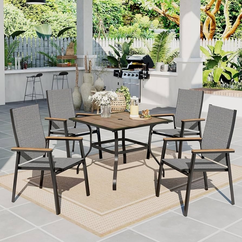 Patio Dining Set Aluminum Mesh Chairs Wood Look Slatted Square Top