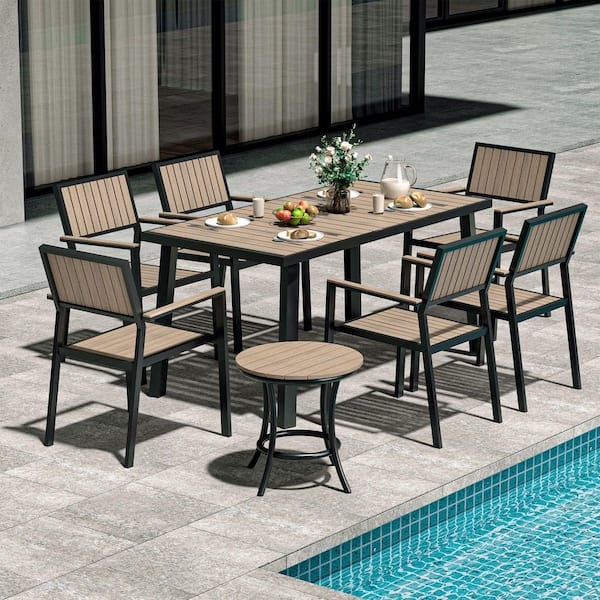 Patio Dining Set: Aluminum Slat Top with White Cushions