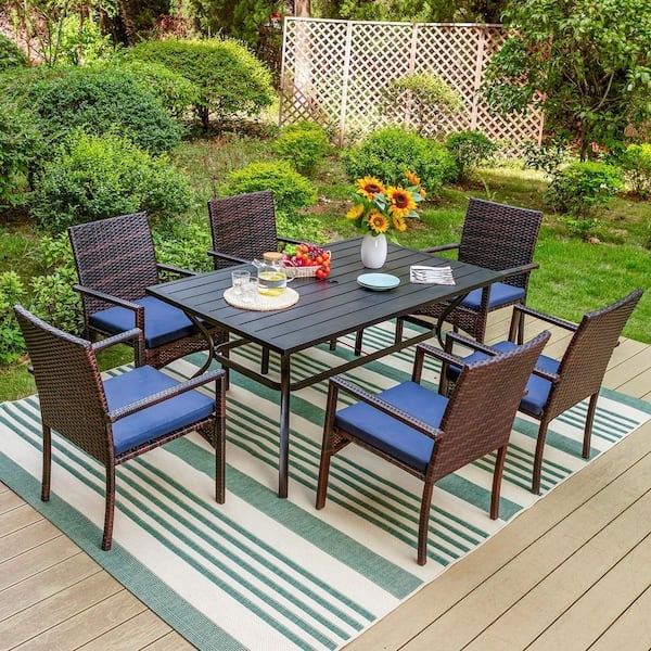 Patio Dining Set Black Metal Slat Top Table Woven Chairs