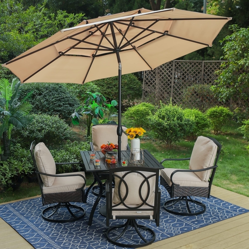 Patio Dining Set Black Metal Swivel Chairs Lattice Back with Umbrella