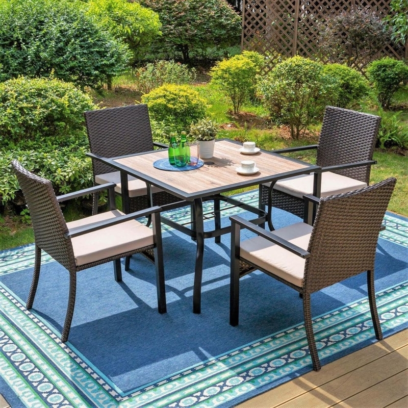 Patio Dining Set Black Woven Chairs Slatted Metal Square Table