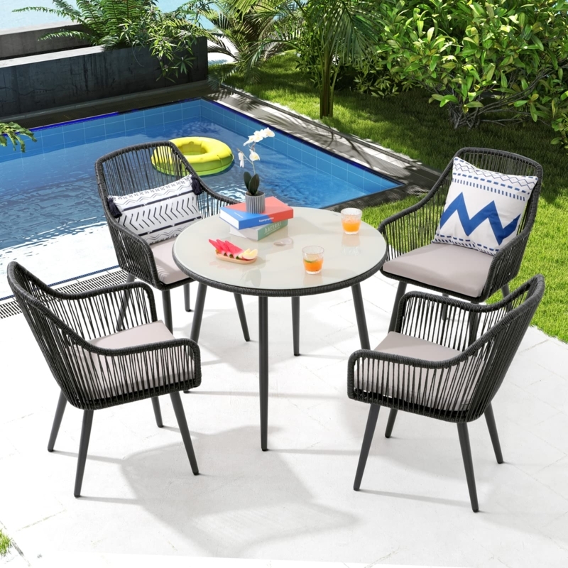 Patio Dining Set Black Woven Rope Texture Glass Top Table