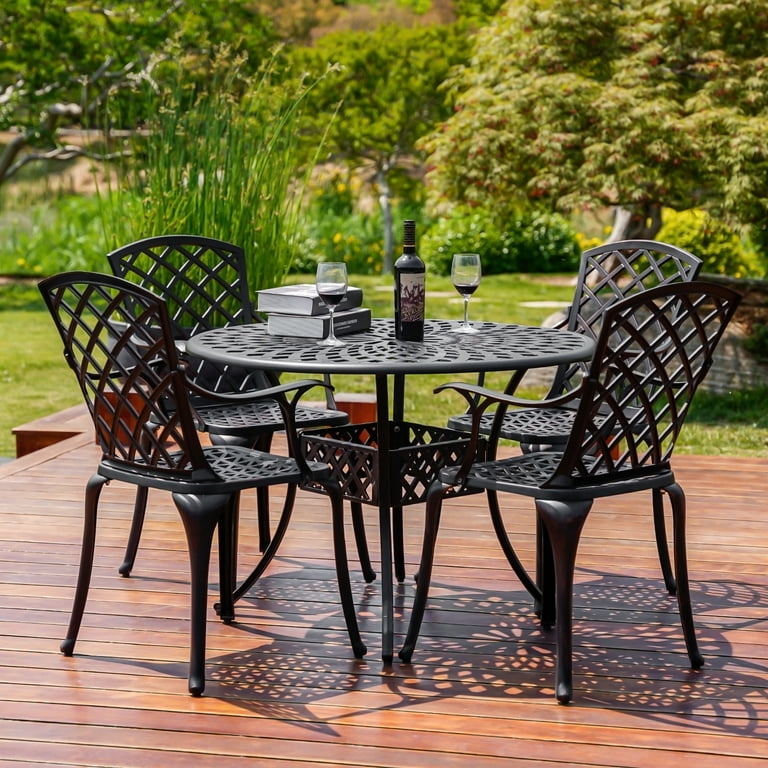 Patio Dining Set, Cast Aluminum 5-Piece with Ornate Lattice & Bronze Finish.