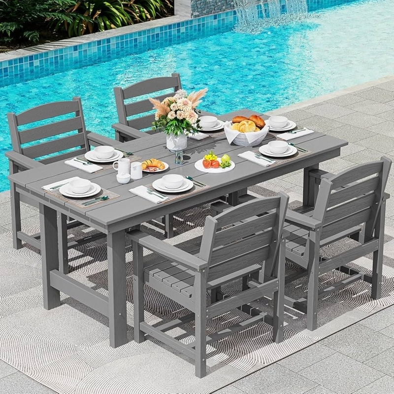 Patio Dining Set: Charcoal HDPE, Textured Slatted Top, Umbrella Hole.