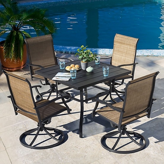 Patio Dining Set Charcoal Metal Round Table Mesh Swivel Chairs