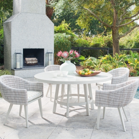 Patio Dining Set Circular Slatted Table with Beige Cushioned Armchairs