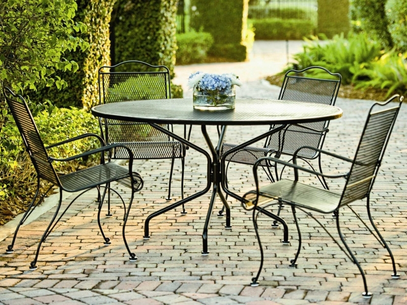 Patio Dining Set, Classic Wrought Iron with Round Mesh Top & Curved Arms.