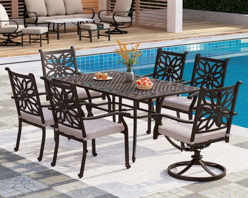 Patio Dining Set, Dark Bronze 7-Piece with Swivel Chairs & Lattice Tabletop.