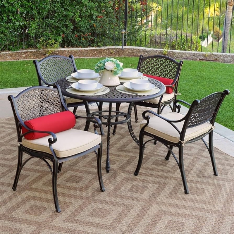 Patio Dining Set: Dark Bronze Metal, Scroll-Back, Lattice Tabletop.