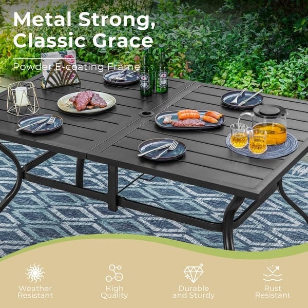 Patio Dining Set Dark Bronze Slat Top Tan Sling Swivel Rockers
