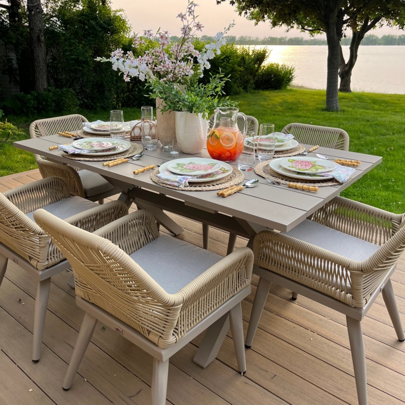 Patio Dining Set Eleven Piece Grey Woven Rattan Aluminum Slatted Top