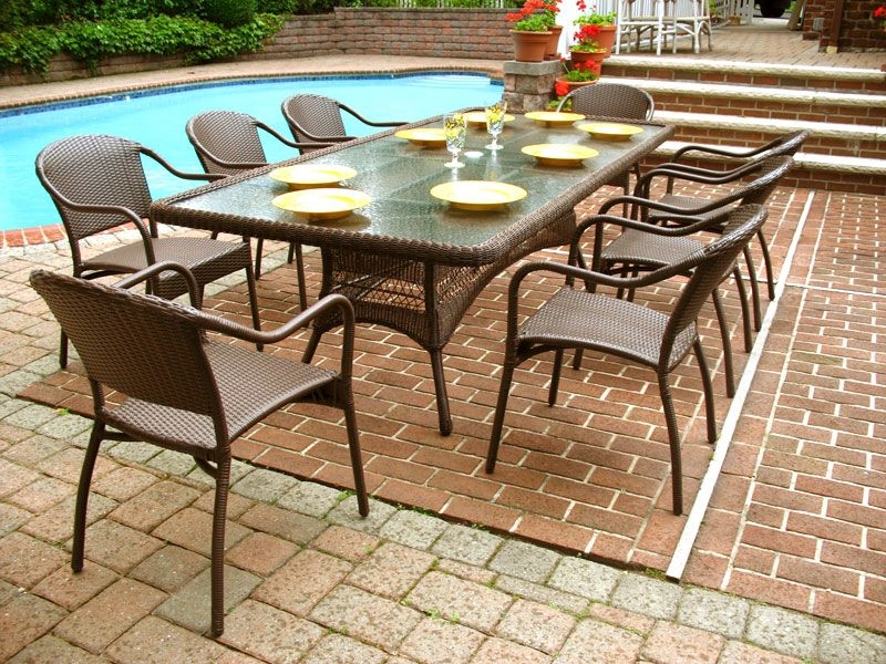Patio Dining Set Espresso Woven Resin Wicker Eight Chair Set Glass Top