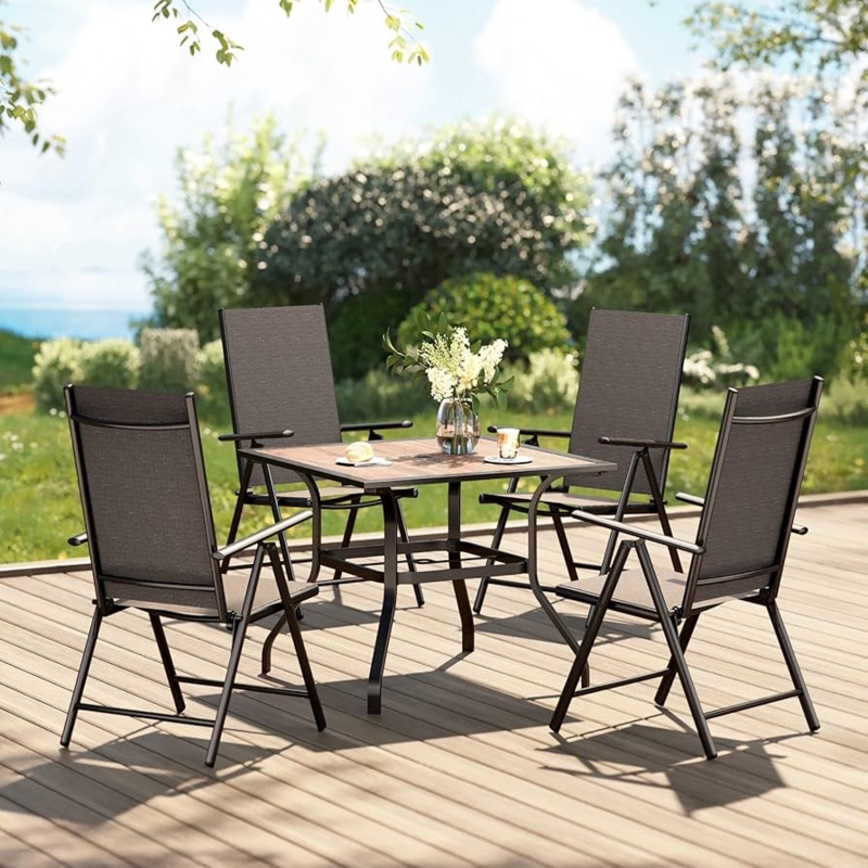Patio Dining Set: Folding Mesh Chairs, Wood-Like Slatted Table.