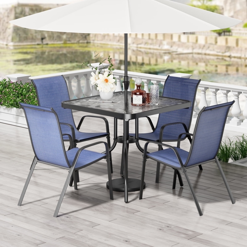 Patio Dining Set: Glass Square Table, High-Back Mesh Chairs.