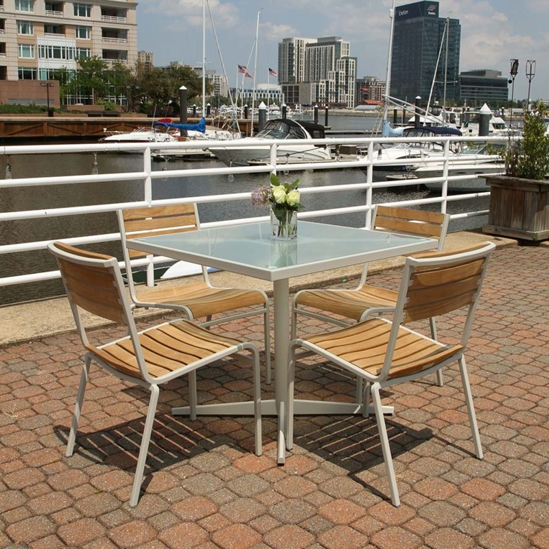 Patio Dining Set: Glass Top Wood Table and Black Mesh Armchairs