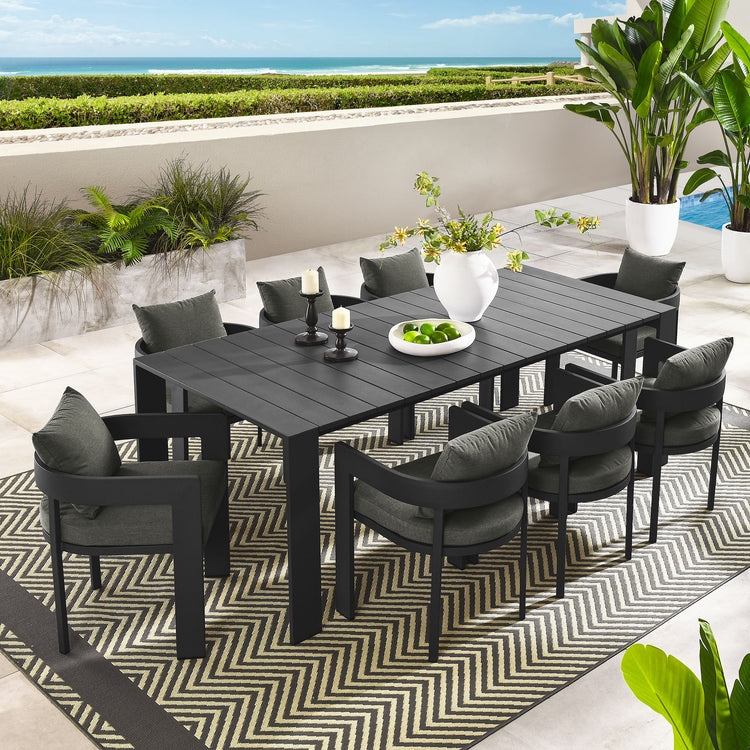 Patio Dining Set: Gray 9-Piece Aluminum Slatted Tabletop Design