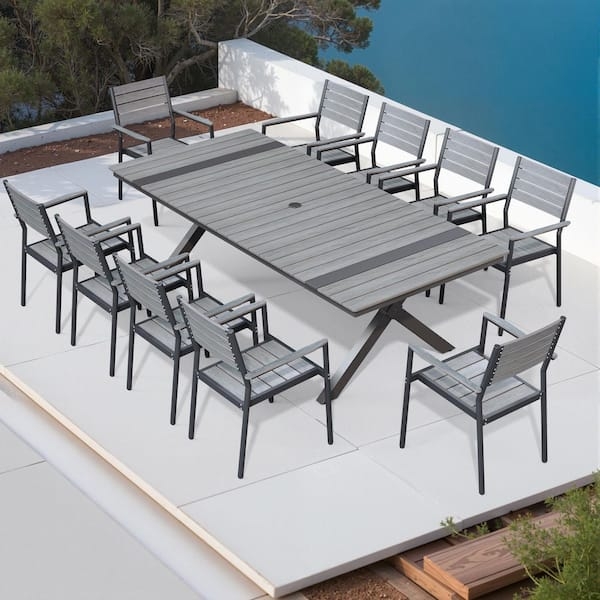 Patio Dining Set Gray Mesh Seating Slatted Tabletop Weather Resistant