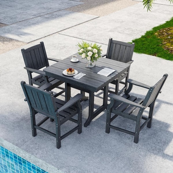 Patio Dining Set HDPE Plastic with Wood Grain Texture Slatted Top