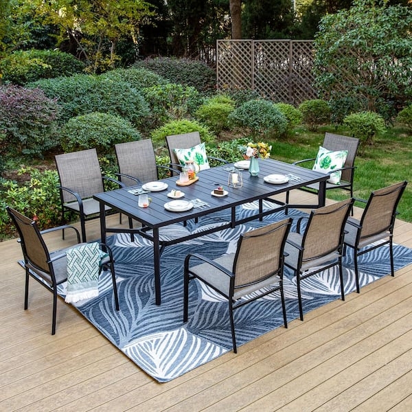 Patio Dining Set: Large 9-Piece Metal Slat Top with Mesh