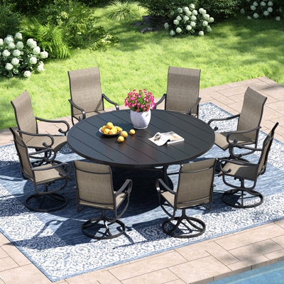 Patio Dining Set Large Round Slatted Table Grey Mesh Swivel Chairs