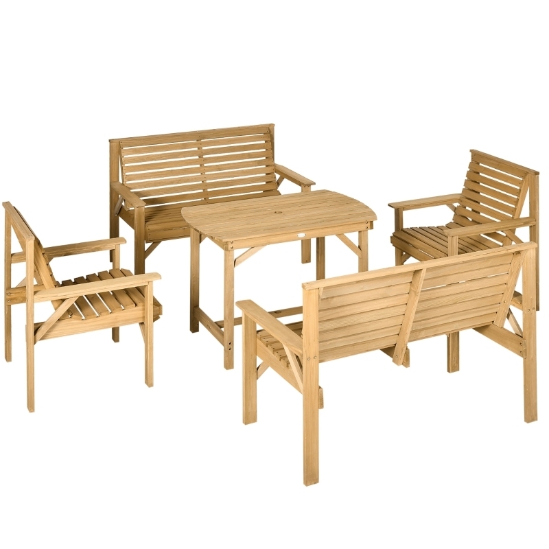Patio Dining Set Light Brown Slatted Wood Construction Umbrella Hole