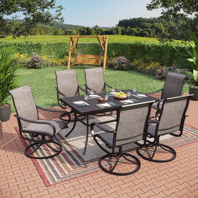 Patio Dining Set, Matte Black Finish, Swivel Chairs, Slatted Tabletop