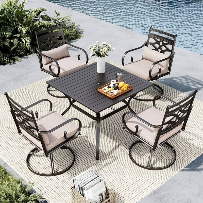 Patio Dining Set: Matte Black Metal, Slatted Tabletop, Modern Backyard.