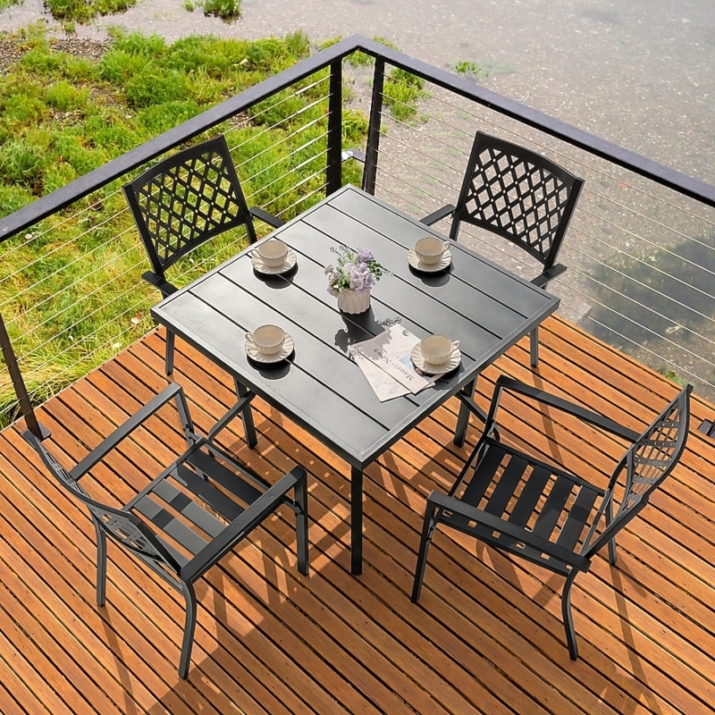 Patio Dining Set Matte Black Metal Square Slat Table Stackable Chairs