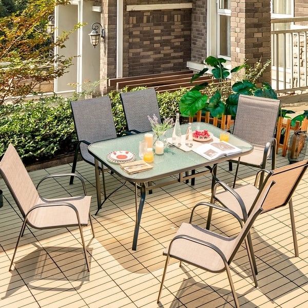 Patio Dining Set, Mesh Fabric Patio Chairs Set, Glass Top Table